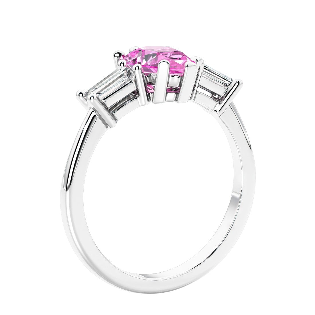 3 stone diamond engagement ring with pear shaped center in white gold featuring Pink Gemstone.