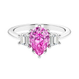 Pink Gemstone 3 stone pear diamond ring set in a delicate band.