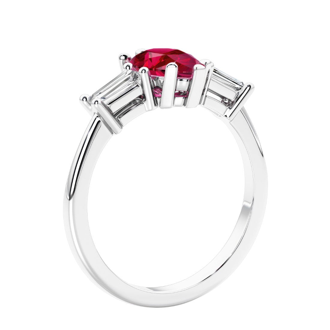 3 stone diamond engagement ring with pear shaped center in white gold featuring Ruby.