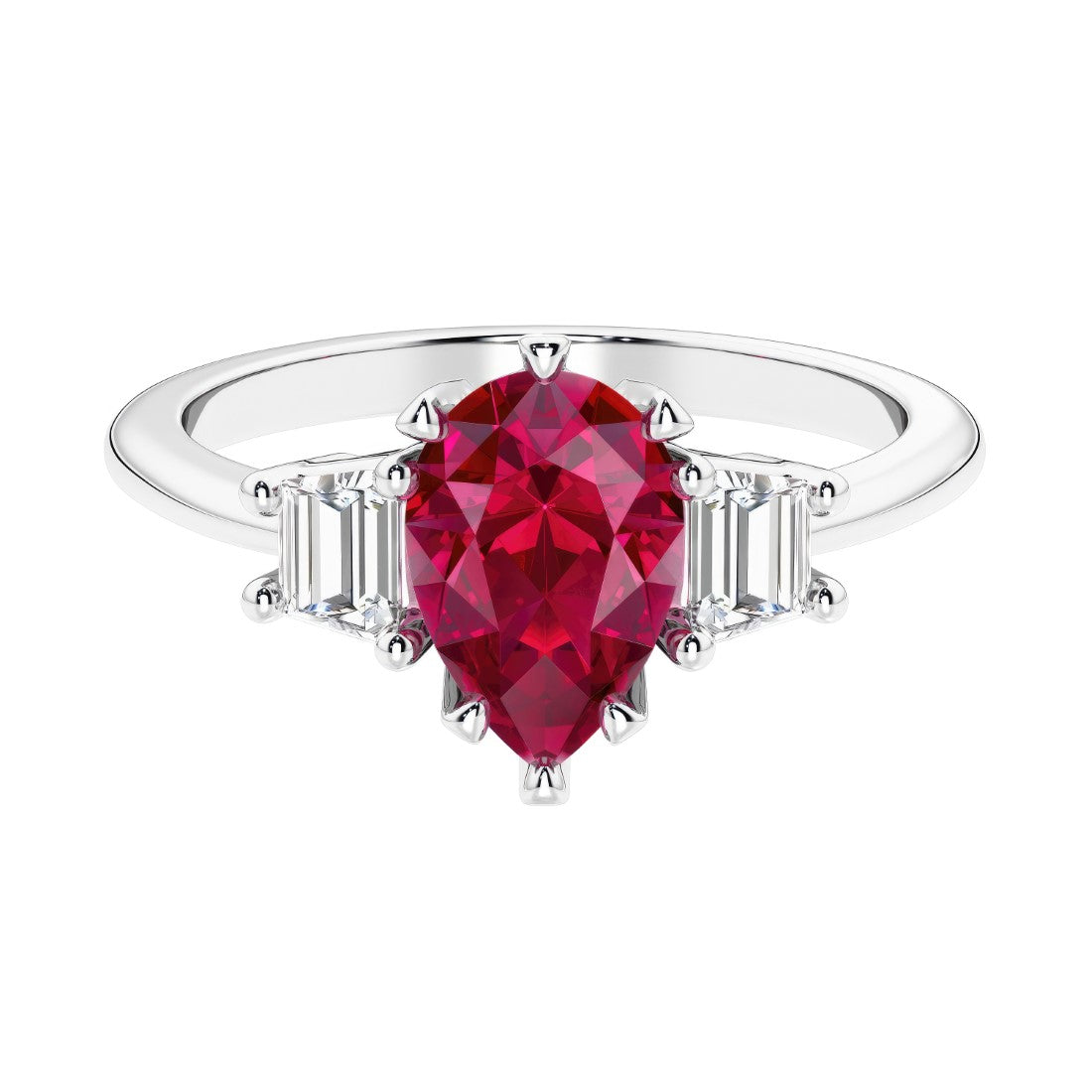 Ruby 3 stone pear diamond ring set in a delicate band.