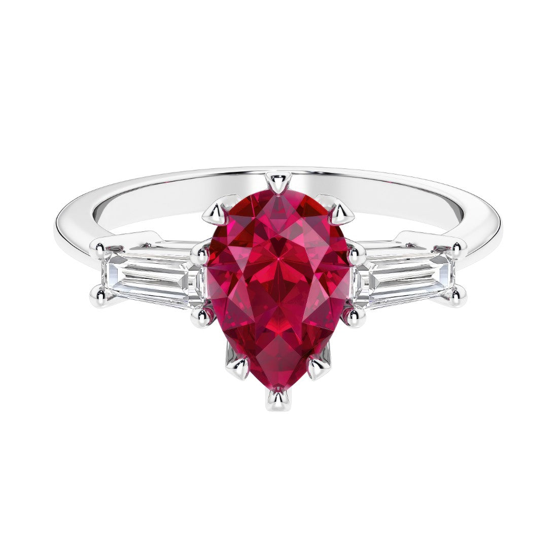 Ruby 3 stone pear diamond ring set in a delicate band.