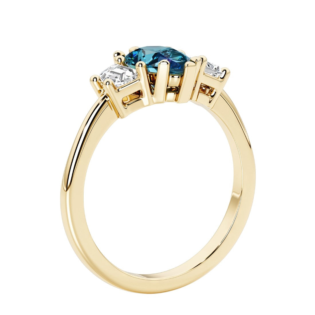 Alexandrite three stone pear shaped engagement ring with classic styling.