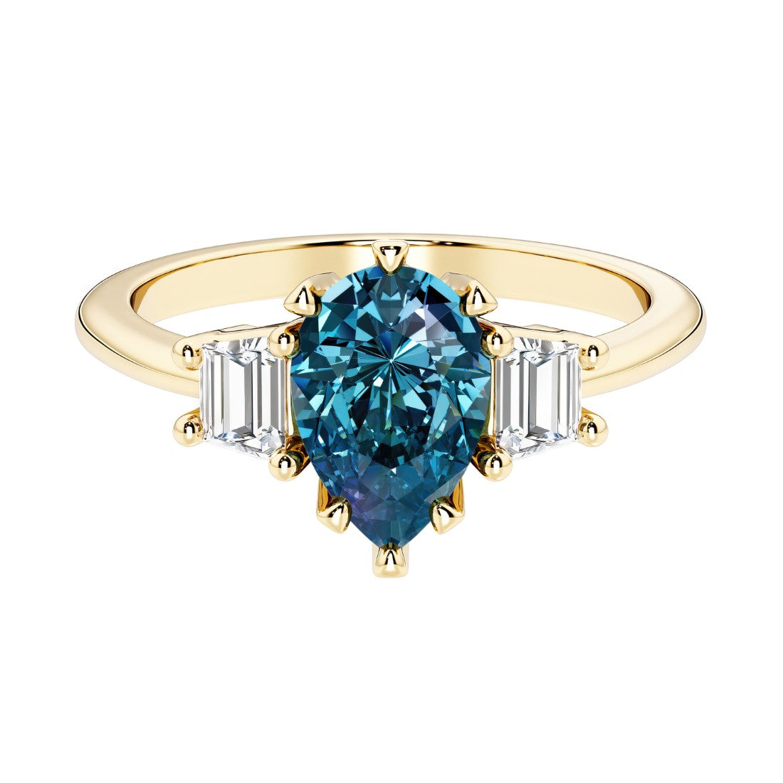 Alexandrite pear shaped 3 stone engagement ring with elegant diamond side stones.