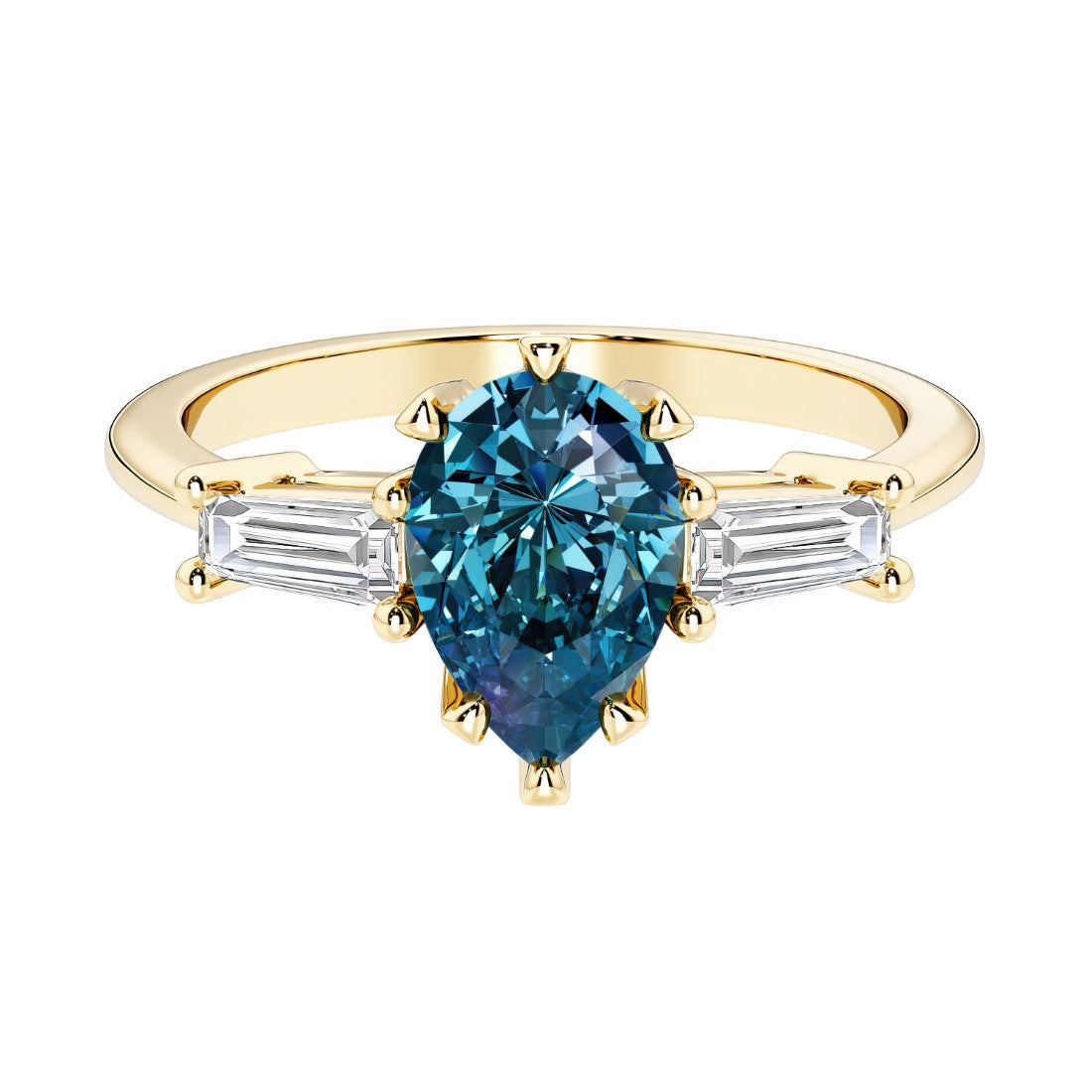 Alexandrite pear shaped 3 stone engagement ring with elegant diamond side stones.