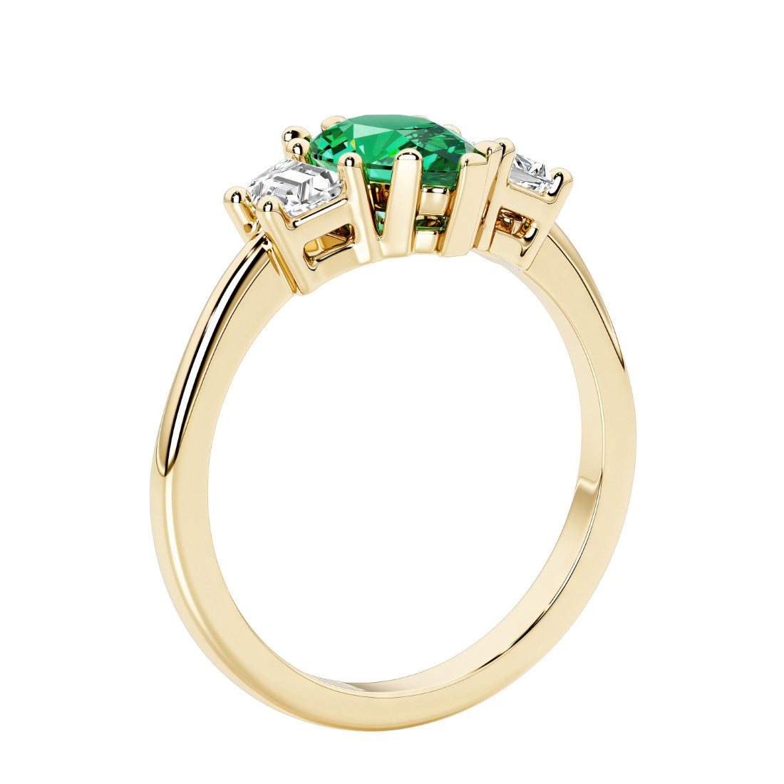 Colombian Green Emerald three stone pear shaped engagement ring with classic styling.