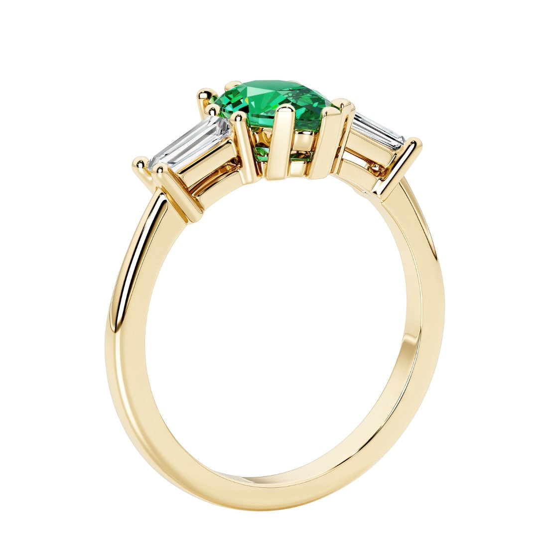 Colombian Green Emerald three stone pear shaped engagement ring with classic styling.