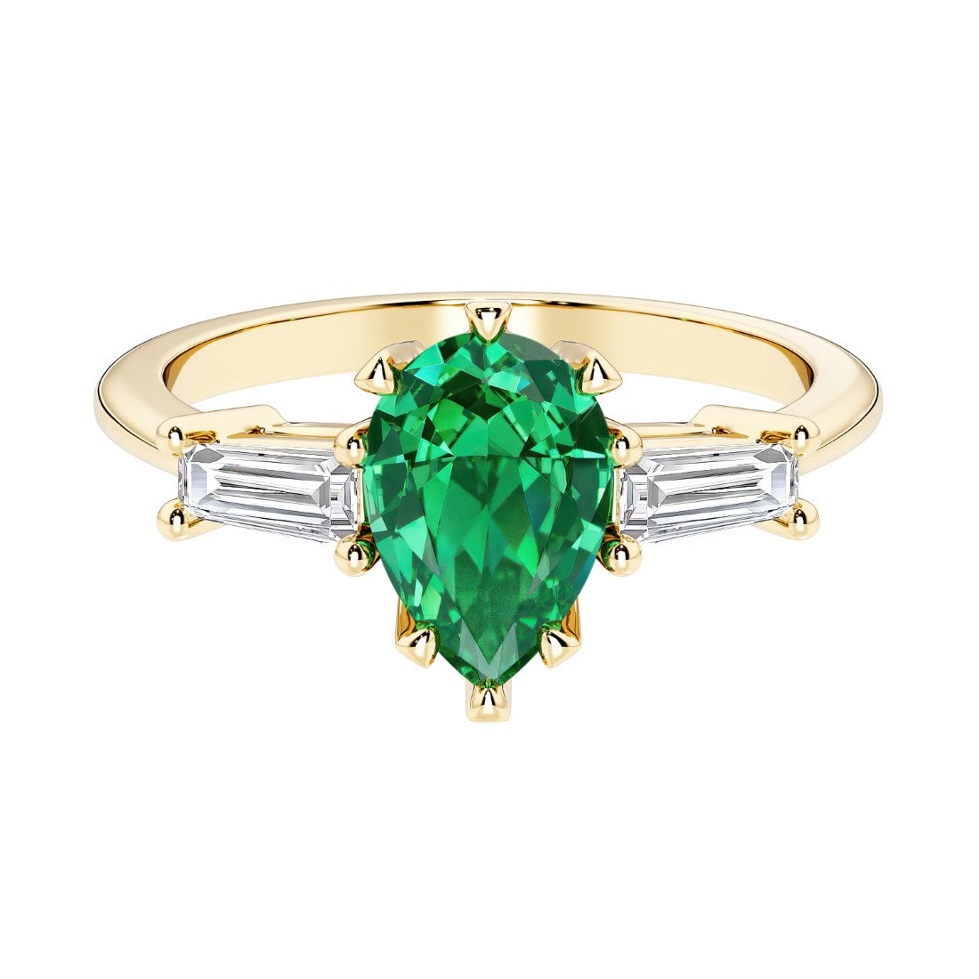 Colombian Green Emerald pear shaped 3 stone engagement ring with elegant diamond side stones.
