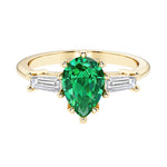 Colombian Green Emerald pear shaped 3 stone engagement ring with elegant diamond side stones.
