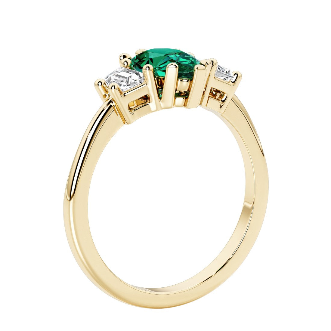 Green Emerald three stone pear shaped engagement ring with classic styling.