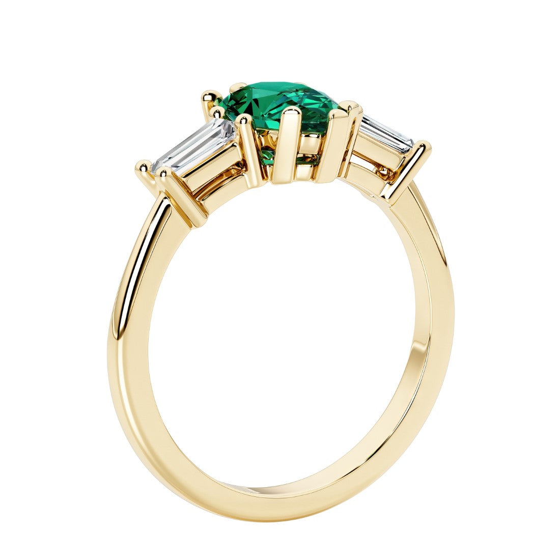 Green Emerald three stone pear shaped engagement ring with classic styling.