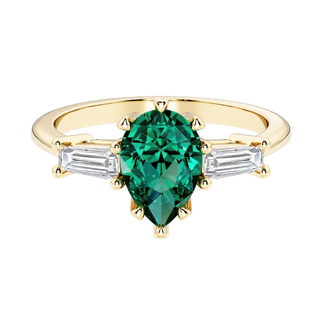 Green Emerald pear shaped 3 stone engagement ring with elegant diamond side stones.