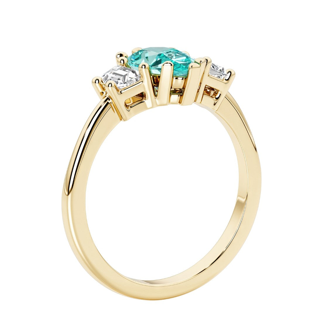 Paraiba Tourmaline three stone pear shaped engagement ring with classic styling.