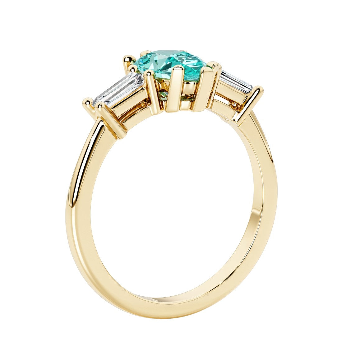 Paraiba Tourmaline three stone pear shaped engagement ring with classic styling.