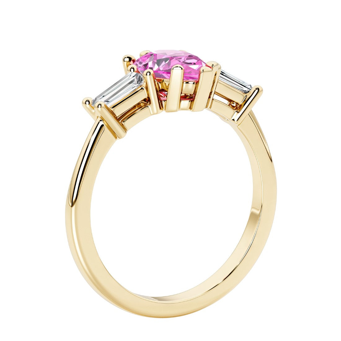 Pink Gemstone three stone pear shaped engagement ring with classic styling.