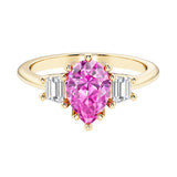 Pink Gemstone pear shaped 3 stone engagement ring with elegant diamond side stones.