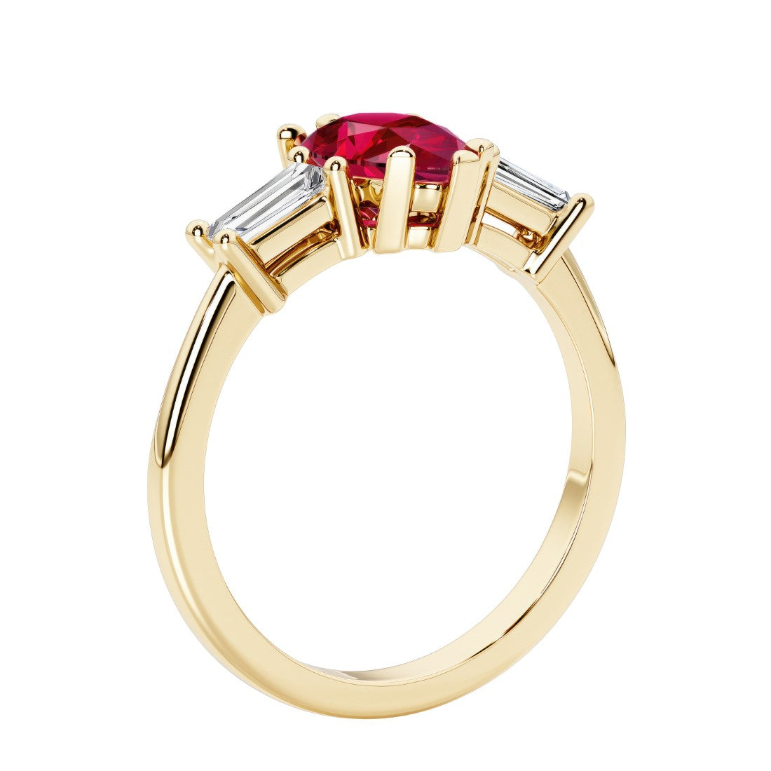 Ruby three stone pear shaped engagement ring with classic styling.
