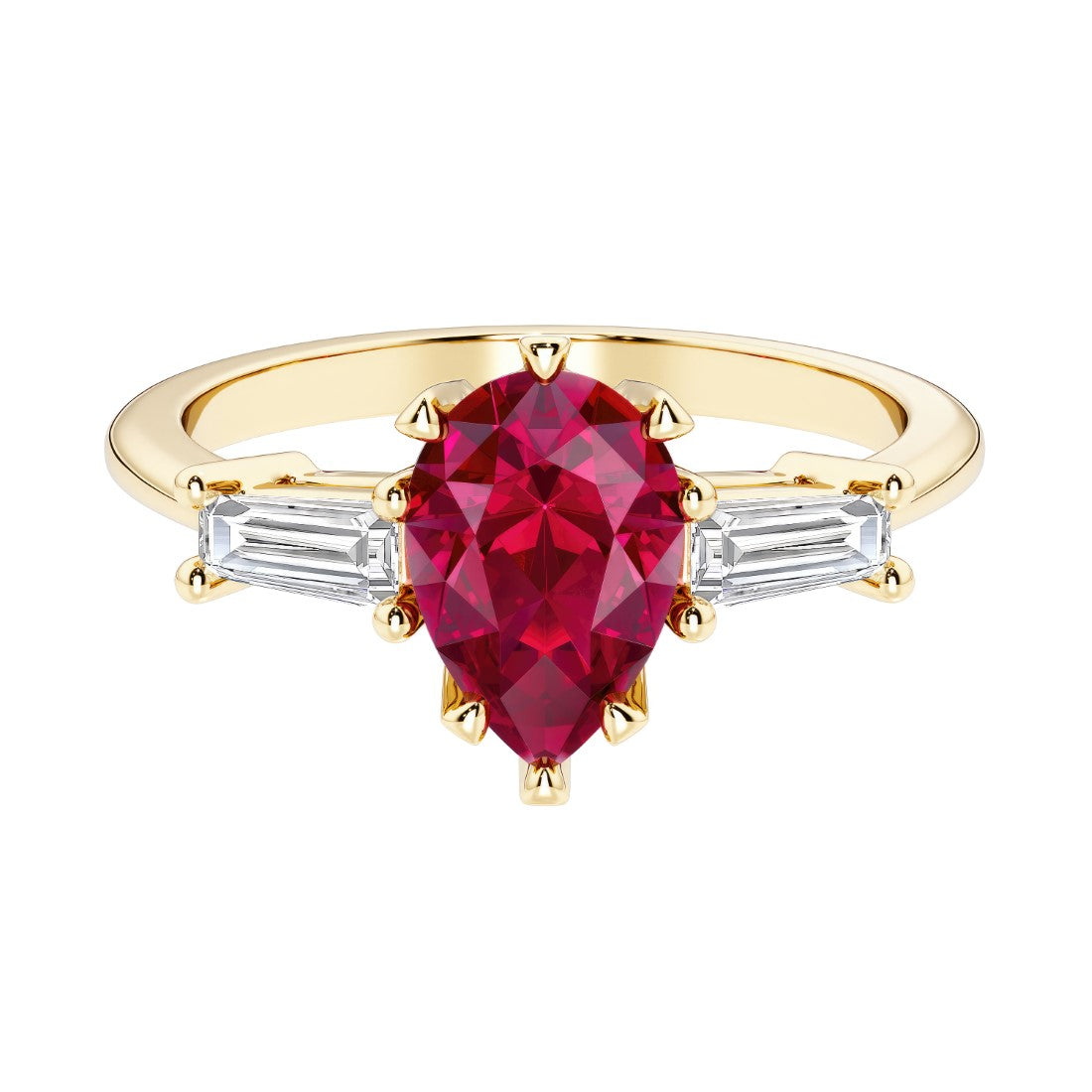 Ruby pear shaped 3 stone engagement ring with elegant diamond side stones.