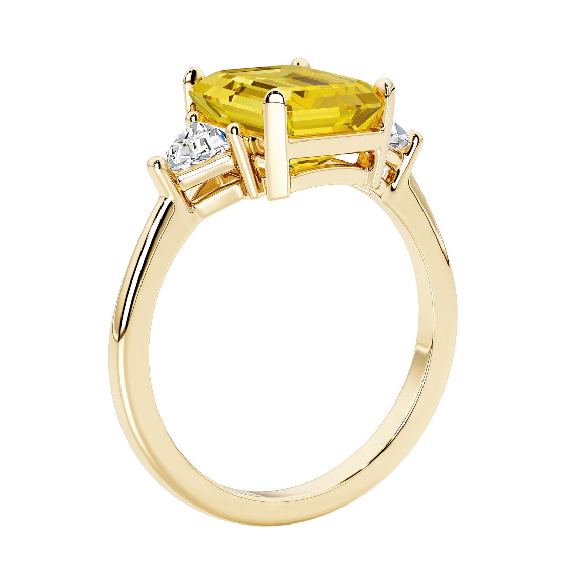 Emerald cut 3 diamond ring representing past, present, and future featuring yellow gemstone center.