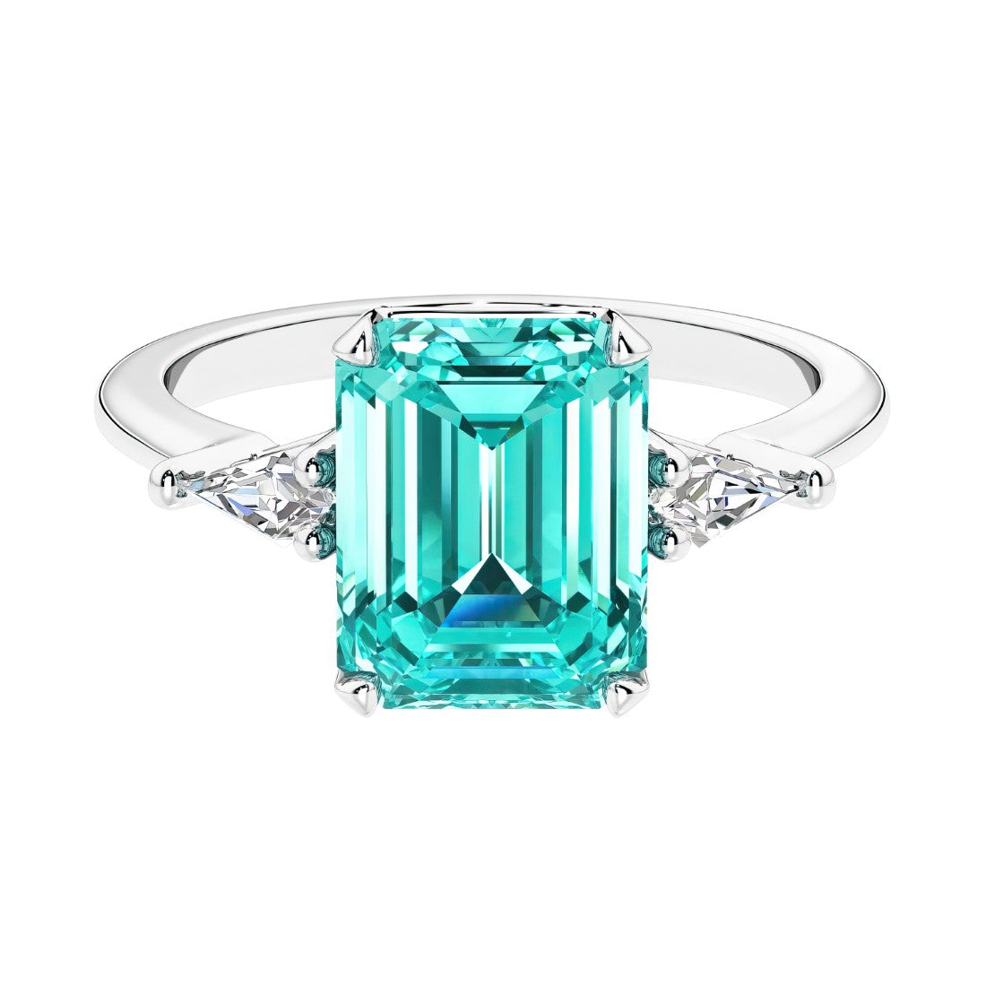 Three stone emerald cut engagement ring for timeless elegance featuring green gemstone and diamonds.