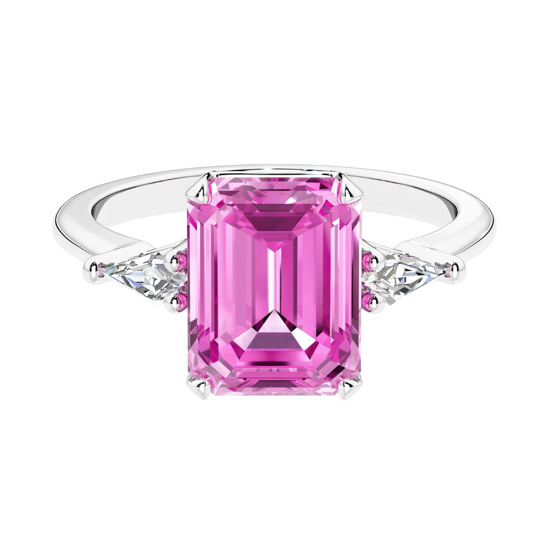 Three stone emerald cut engagement ring for timeless elegance featuring pink gemstone and diamonds.