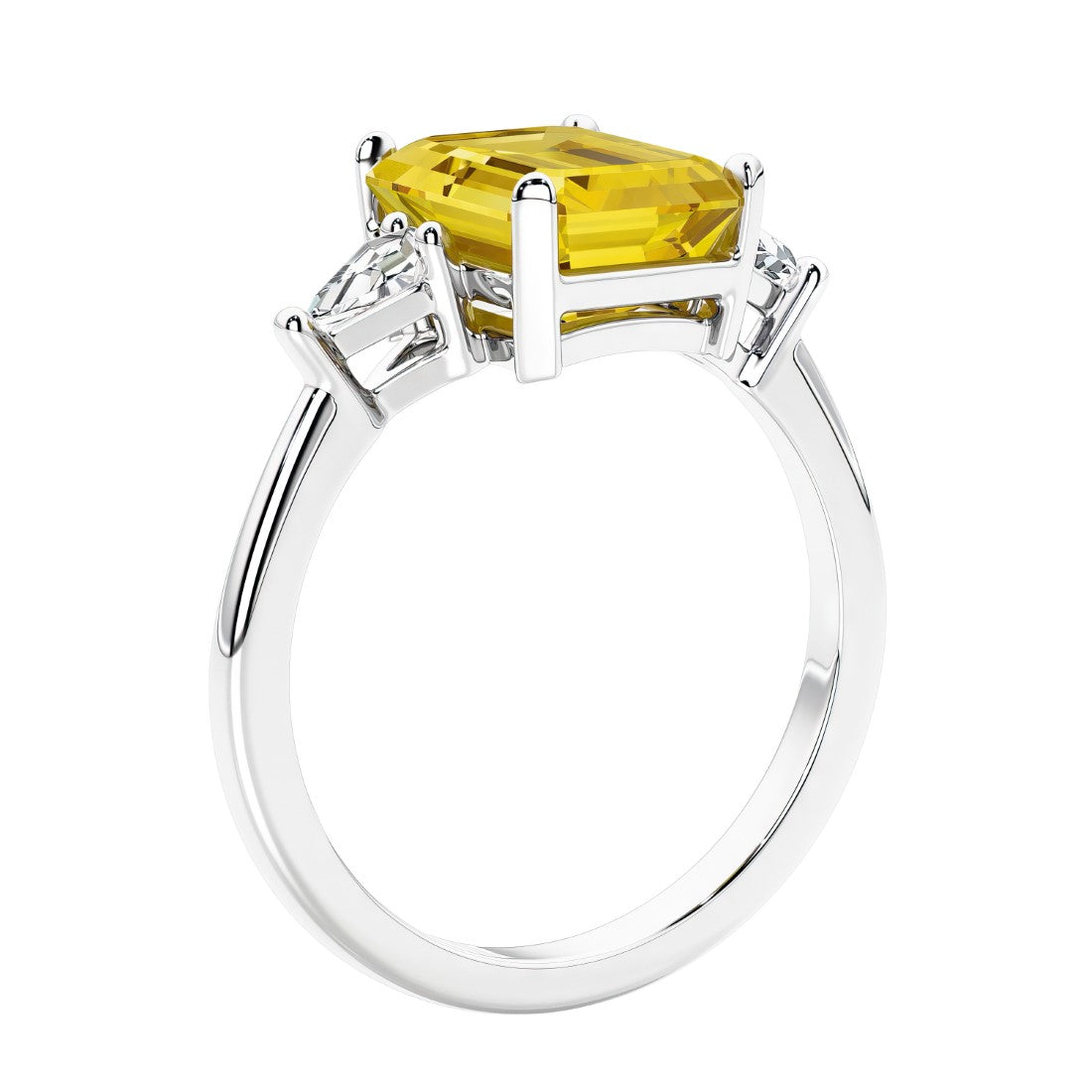 3 stone emerald cut diamond ring in modern gold setting with pink gemstone center.