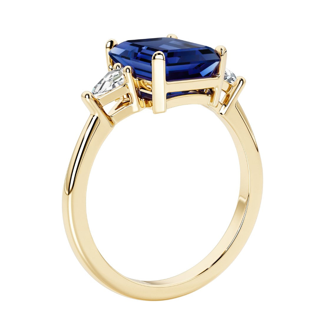 Emerald cut 3 diamond ring representing past, present, and future featuring blue gemstone center.