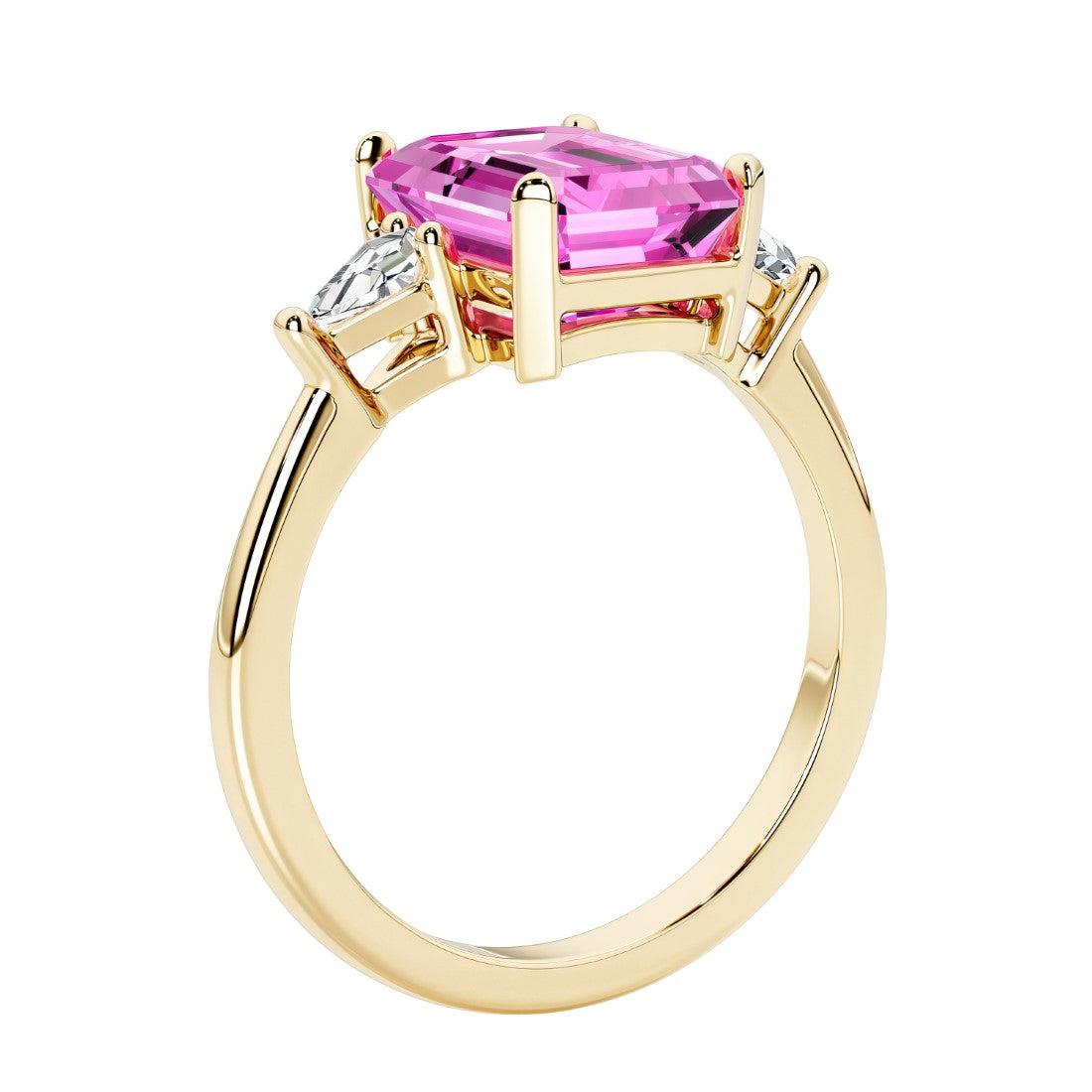 Emerald cut 3 diamond ring representing past, present, and future featuring pink gemstone center.