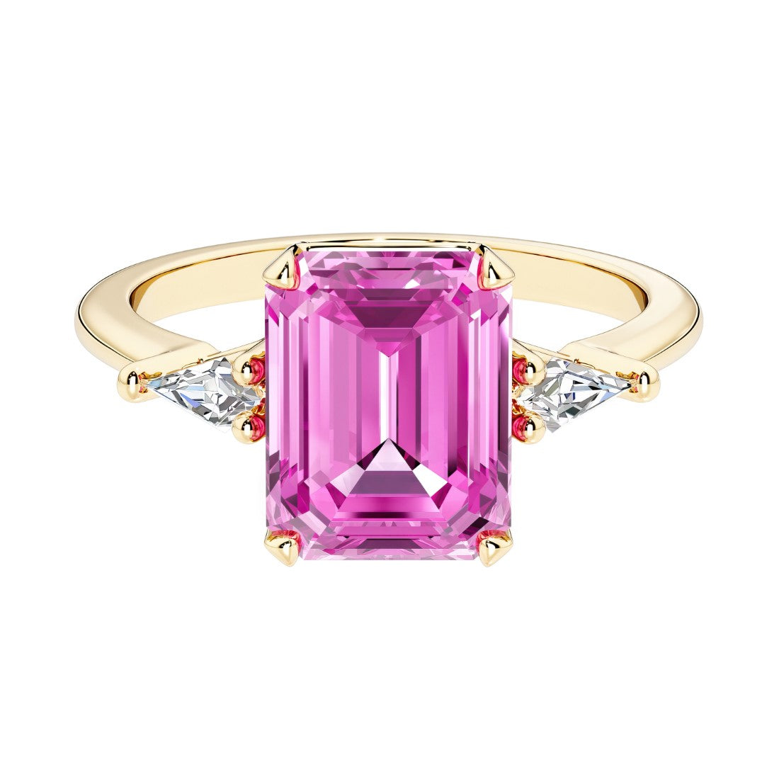 Emerald cut 3 stone engagement ring with pink gemstone and diamond accents.