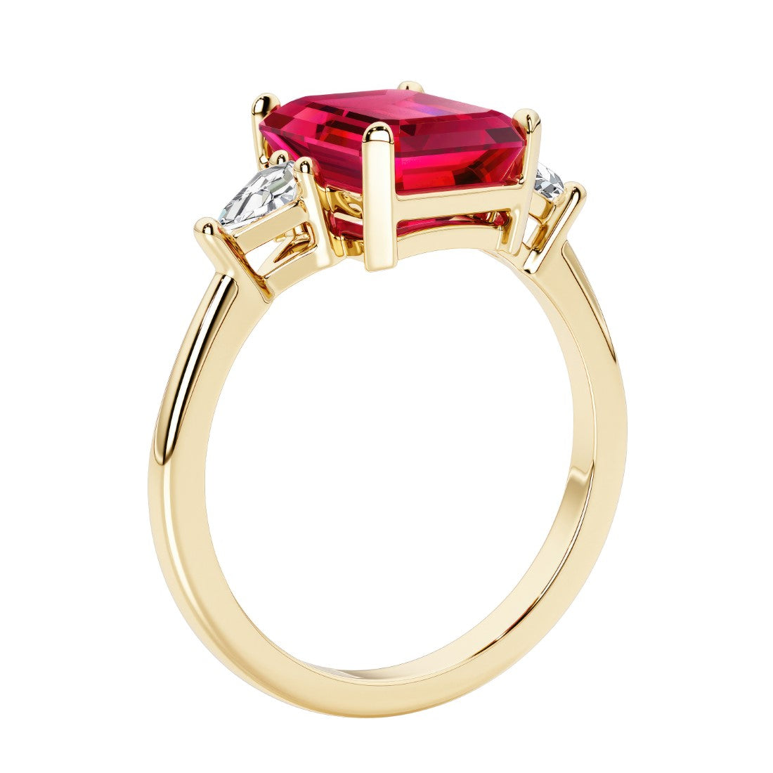 Emerald cut 3 diamond ring representing past, present, and future featuring red gemstone center.