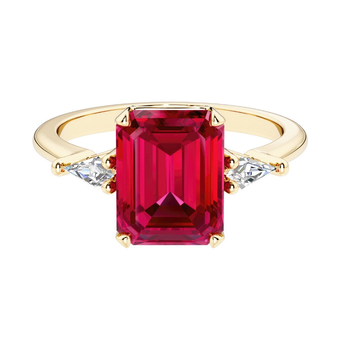 Emerald cut 3 stone engagement ring with red gemstone and diamond accents.
