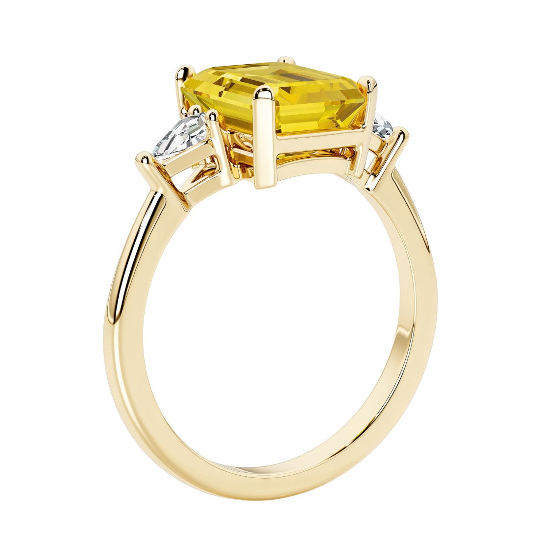 Emerald cut 3 diamond ring representing past, present, and future featuring pink gemstone center.
