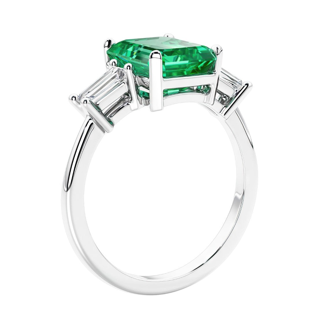 3 stone emerald cut diamond ring in modern gold setting with green gemstone center.