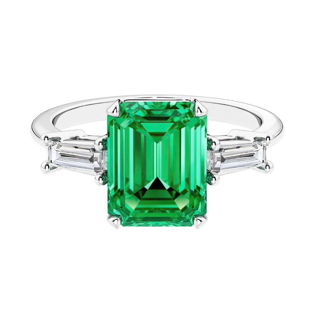 Three stone emerald cut engagement ring for timeless elegance featuring green gemstone and diamonds.