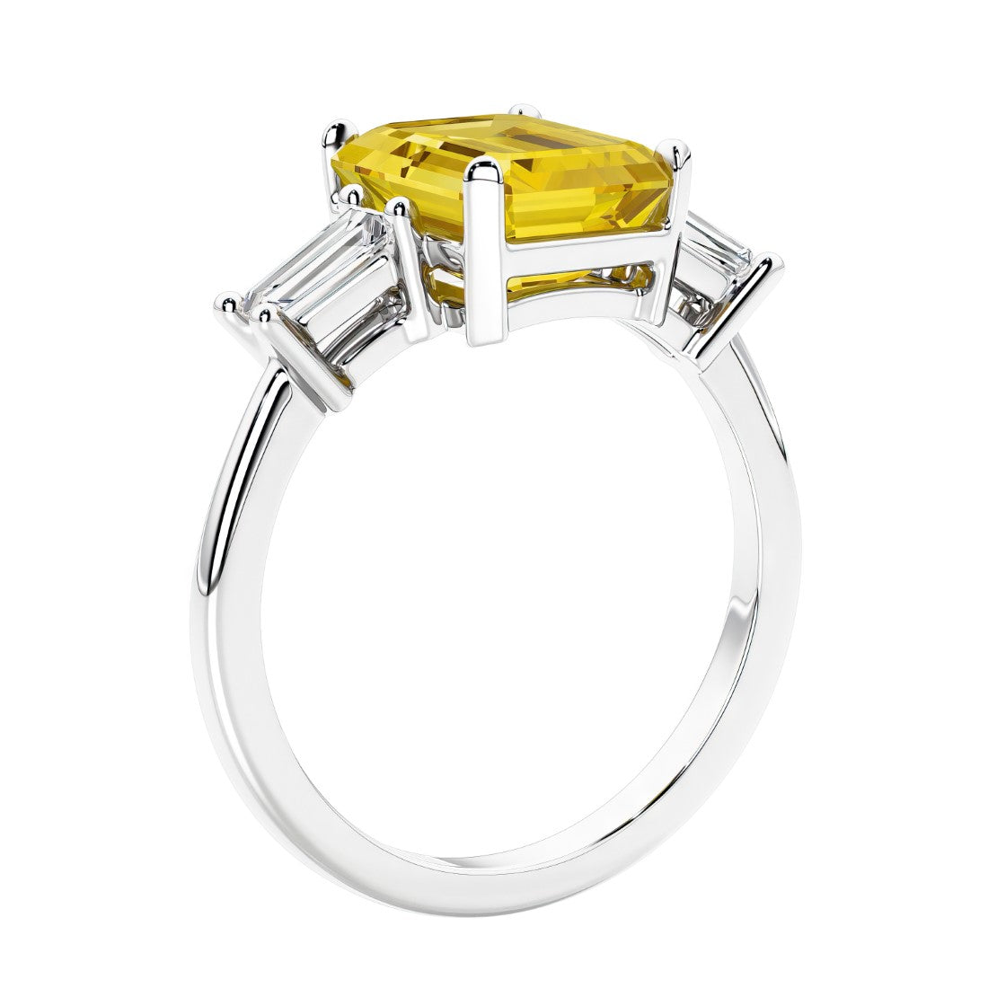 3 stone emerald cut diamond ring in modern gold setting with yellow gemstone center.