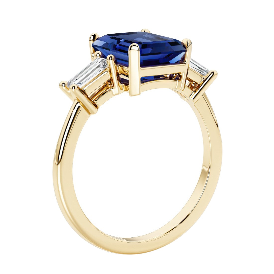 Emerald cut 3 diamond ring representing past, present, and future featuring blue gemstone center.