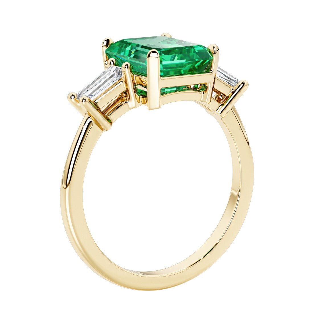 Emerald cut 3 diamond ring representing past, present, and future featuring green gemstone center.