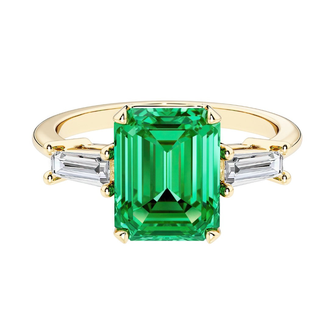 Emerald cut 3 stone engagement ring with green gemstone and diamond accents.
