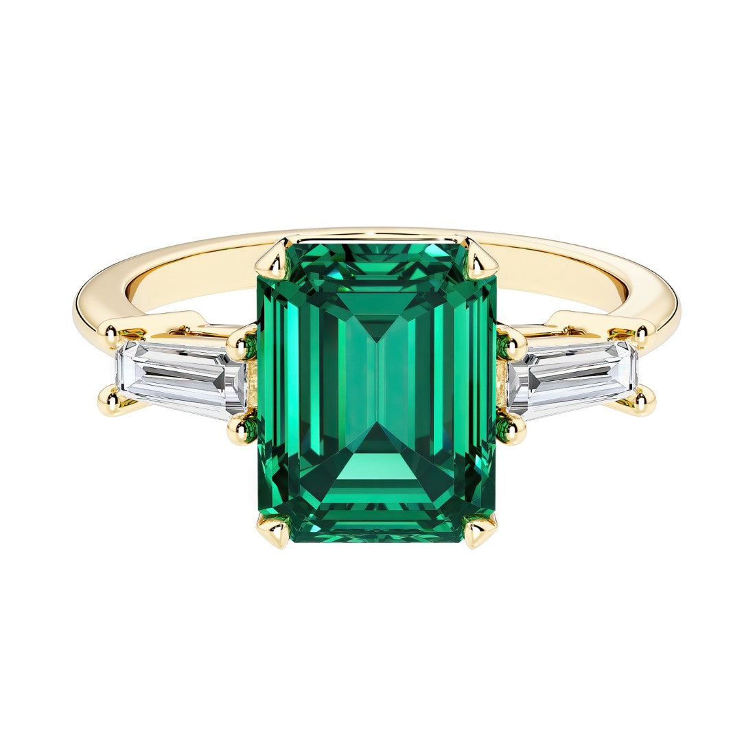 Emerald cut 3 stone engagement ring with green gemstone and diamond accents.