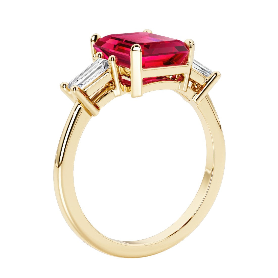 Emerald cut 3 diamond ring representing past, present, and future featuring red gemstone center.