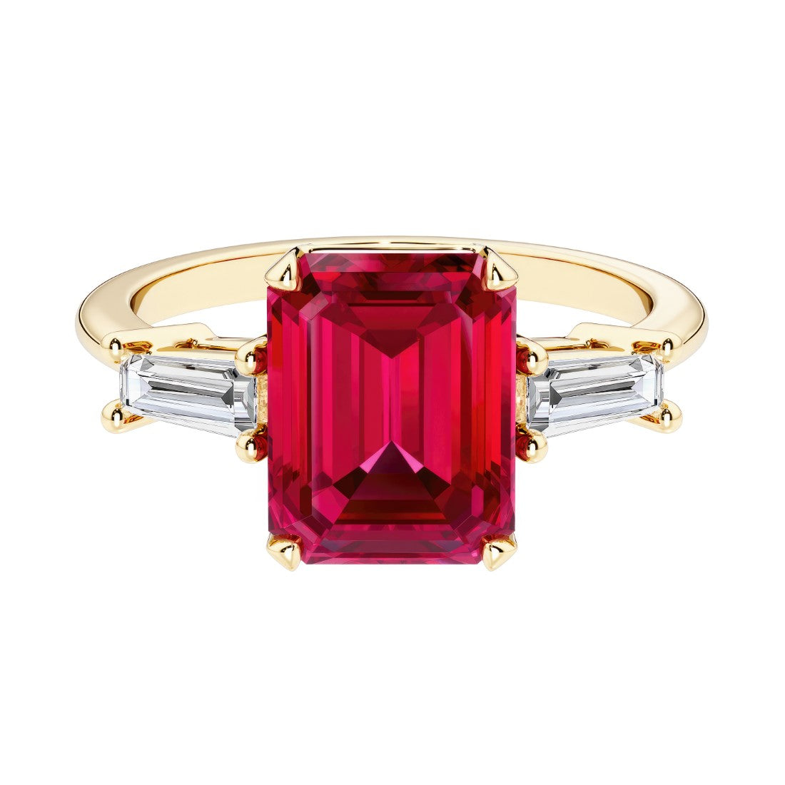 Emerald cut 3 stone engagement ring with red gemstone and diamond accents.