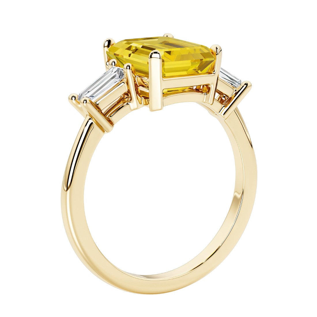 Emerald cut 3 diamond ring representing past, present, and future featuring yellow gemstone center.