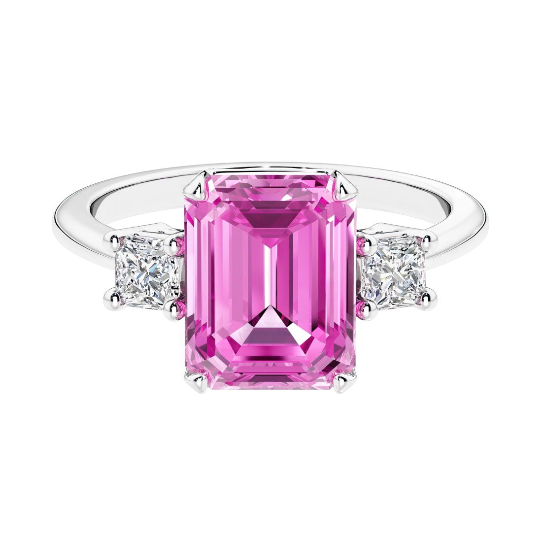 Three stone emerald cut engagement ring for timeless elegance featuring pink gemstone and diamonds.