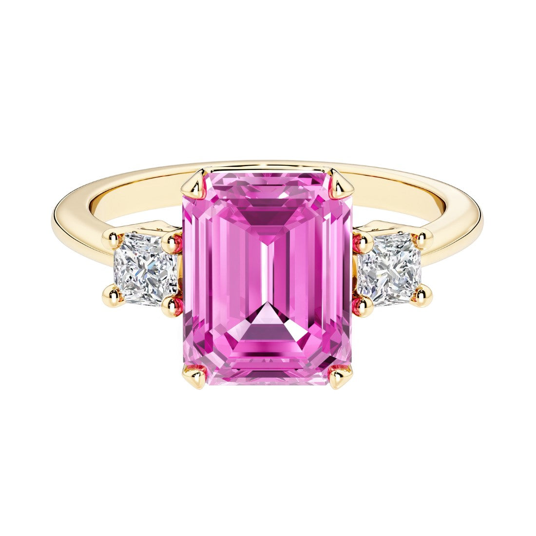 Emerald cut 3 stone engagement ring with pink gemstone and diamond accents.