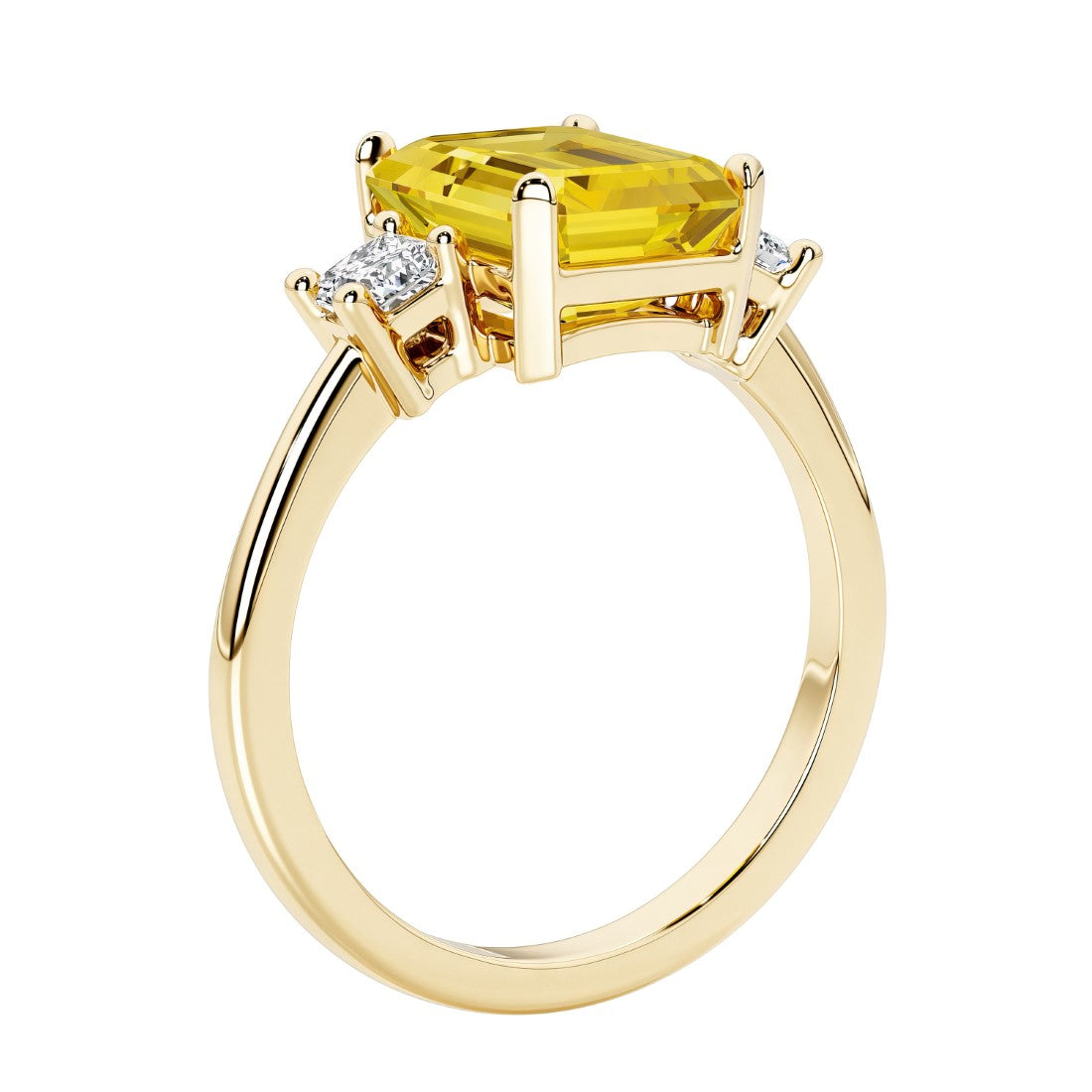 Emerald cut 3 diamond ring representing past, present, and future featuring yellow gemstone center.