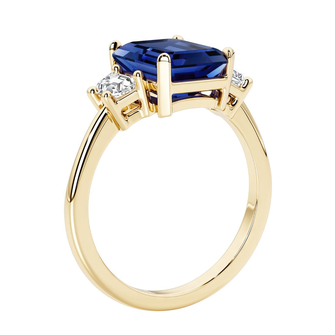 Emerald cut 3 diamond ring representing past, present, and future featuring blue gemstone center.