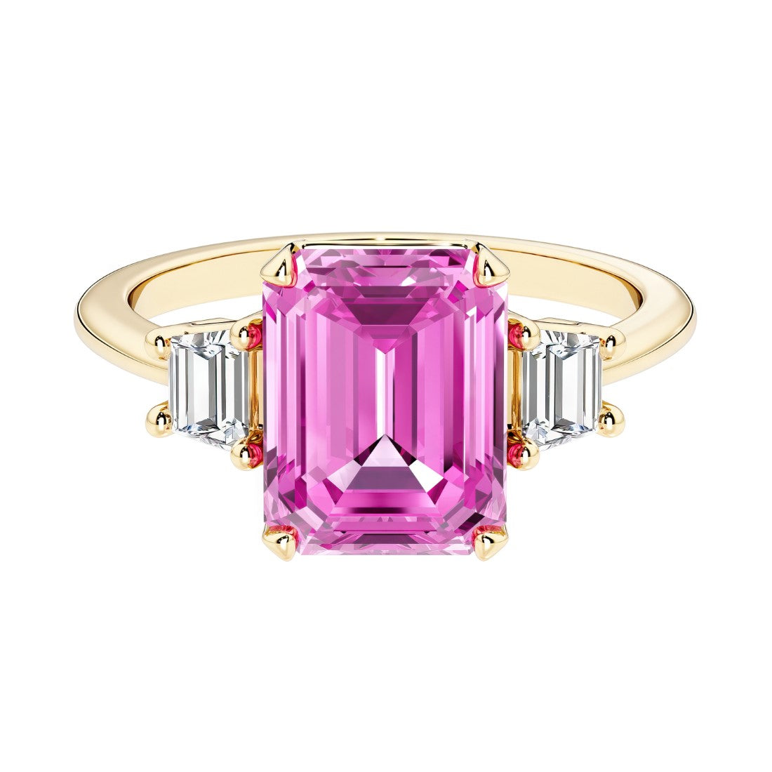 14k Gold Emerald Cut Pink Sapphire and Trapezoid Diamond Ring