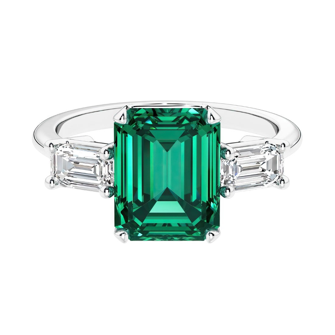 Three stone emerald cut engagement ring for timeless elegance featuring green gemstone and diamonds.