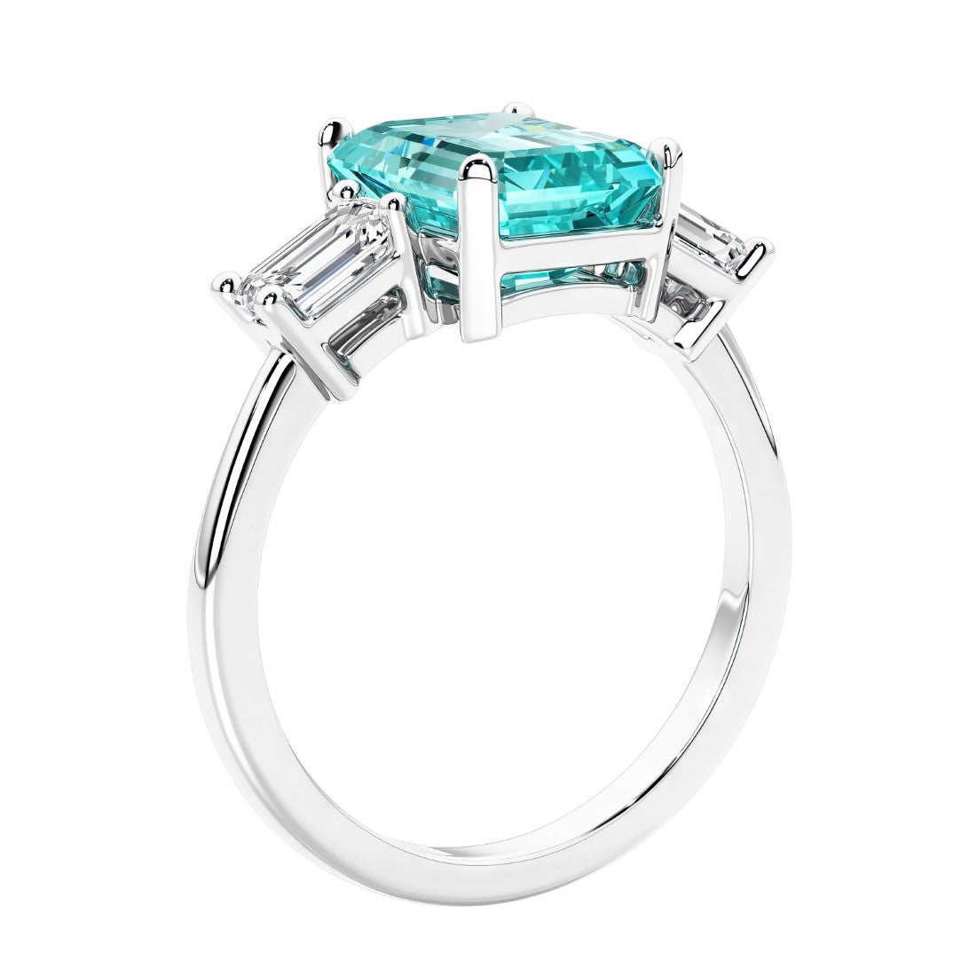 3 stone emerald cut diamond ring in modern gold setting with green gemstone center.