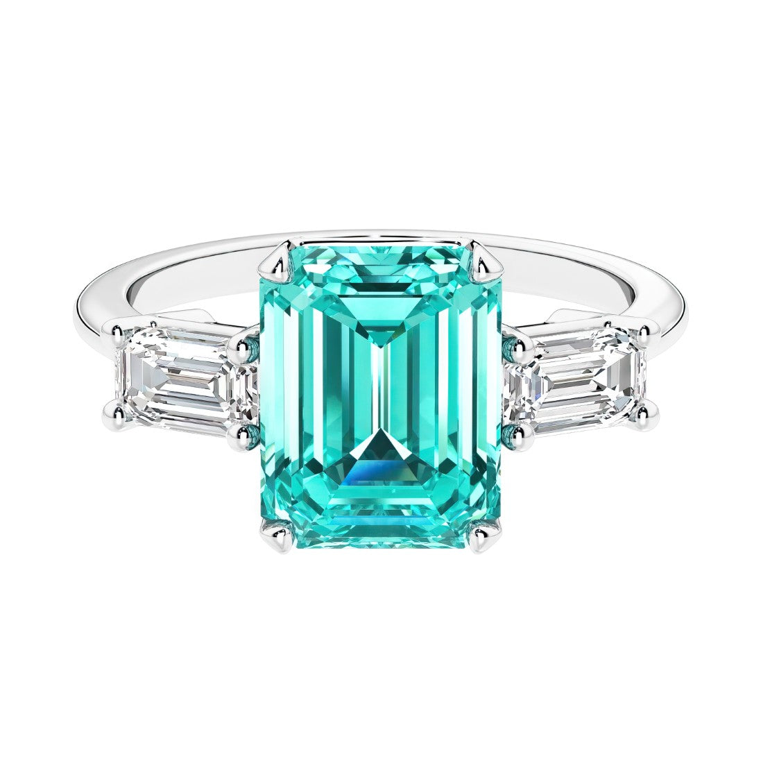 Three stone emerald cut engagement ring for timeless elegance featuring green gemstone and diamonds.