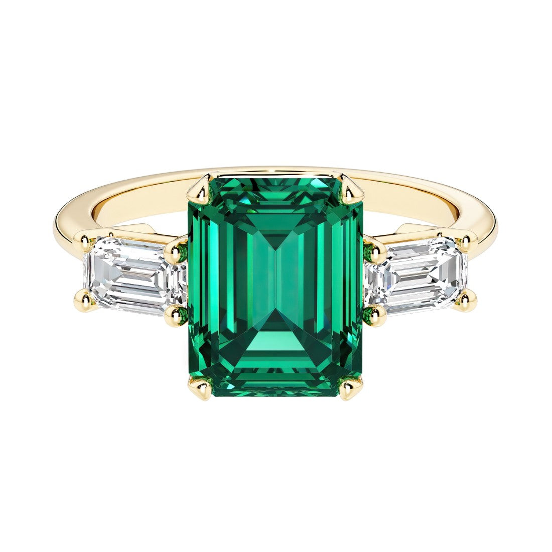 Emerald cut 3 stone engagement ring with green gemstone and diamond accents.